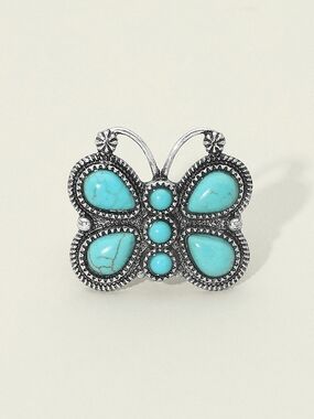 Turquoise Antique Silver Butterfly Stretch Cocktail Ring Statement Jewelry